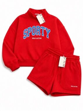 Wilo The Label Sporty Sweatshirt & Shorts Set Red XS NWT